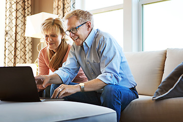 Image showing Laptop, mature or happy couple in home typing for savings, property investment or online shopping together. Ecommerce website, smile or senior people planning for investing or research on pc on sofa