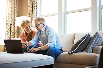 Image showing Laptop, talking or mature couple in home typing for savings, property investment or online shopping together. Ecommerce, website or senior people planning for investing or research on pc on sofa