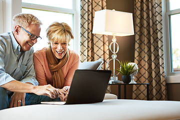 Image showing Laptop, happiness or mature couple in home typing for savings, property investment or online shopping. Ecommerce, website or senior people planning for investing or research on pc on sofa together