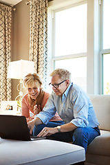 Image showing Laptop, happiness or mature couple in home typing for savings, property investment or online shopping together. Ecommerce, website or senior people planning for investing or research on pc on sofa