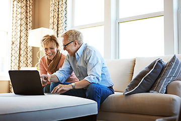 Image showing Laptop, smile or mature couple in home typing for savings, property investment or online shopping together. Finance, website or happy senior people planning for investing or research on pc on sofa