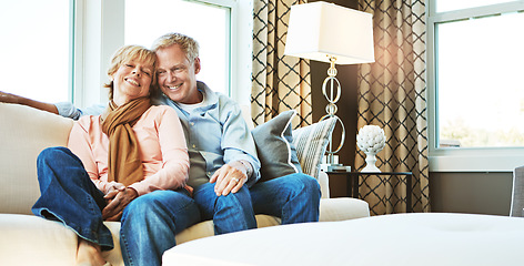 Image showing Relax, home and portrait of mature couple on sofa for bonding, healthy relationship and marriage. Retirement, home and senior man and woman on couch for love, commitment and embrace in living room
