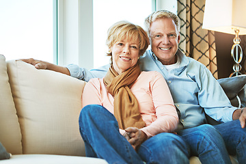 Image showing Retirement, love and portrait of old couple on sofa for bonding, healthy relationship and marriage. Happy, home and senior man and woman on couch for embrace, commitment and happiness in living room