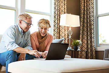 Image showing Laptop, happiness or mature couple in home typing for savings, planning or online shopping together. Ecommerce, email notification or senior people on pc for investing or research in living room