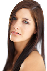 Image showing Portrait, beauty and skincare of serious woman in studio isolated on a white background. Face, aesthetic and model in natural cosmetics for spa facial treatment, healthy skin and glow for wellness