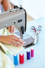 Image showing Sewing machine, clothes and hands for tailor service, fashion designer and dressmaker workshop. Boutique startup, small business and person with fabric, material and textiles for stitching clothing