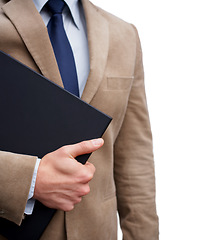 Image showing Businessman, hand and holding of folder in closeup on white background in studio for corporate mockup. Male entrepreneur, boss or manager with paperwork in preparation for meeting, research or event