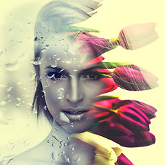 Image showing Woman, portrait or flowers for beauty double exposure, creative make-up or environmental art deco. Female person, face or bloom tulips or artistic rain for summer, wellness look or abstract cosmetics