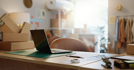 Image showing Laptop, empty and logistics for e commerce in office with checklist for distribution of customer order. Retail, fashion and business for online shopping with website, internet and app for fintech