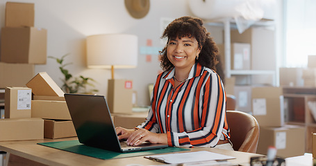 Image showing Portrait, small business and happy woman with laptop in office for logistics, sales or ecommerce. Supply chain, face and female store owner online for communication, cargo or retail stock procurement