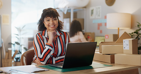 Image showing Small business, portrait and happy woman with laptop in office for logistics, sales or ecommerce. Supply chain, face and female store owner online for communication, cargo or retail stock procurement