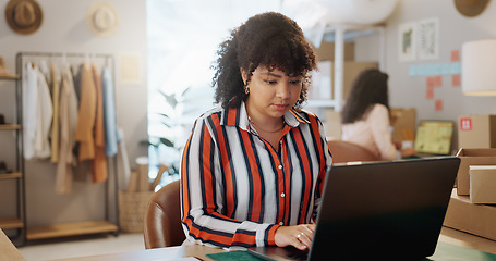 Image showing Small business, typing and woman with laptop in office for logistics, sales or ecommerce order. Fashion, supply chain and lady store owner online for communication, cargo or retail stock procurement