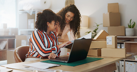 Image showing Teamwork, distribution and woman with laptop for fashion designer, supply chain and ecommerce startup. Small business, online shopping and people on computer for website, documents and shipping