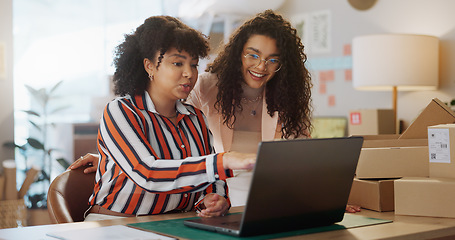 Image showing Businesswoman, laptop and strategy for logistics in office for planning of delivery for retail store. Female entrepreneur, collaboration and discussion of best route for package distribution in city