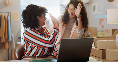 Image showing Happy woman, team and high five in logistics for small business success, fashion design or boutique. Female person smile touching hands in teamwork for achievement, sale or promotion at retail store