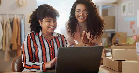 Image showing Teamwork, happy and women with laptop for fashion designer, supply chain and ecommerce startup. Small business, online shopping and people celebrate sale on computer for website, order and shipping