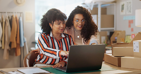 Image showing Businesswoman, retail and laptop for distribution in office with discussion, strategy and plan. Female entrepreneur, fashion and collaboration of logistics for warehouse, stock or package delivery