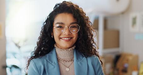 Image showing Portrait, happy business woman and designer in boutique, clothes store or startup. Confidence, face of employee and professional smile, entrepreneur and creative fashion worker in glasses in Brazil