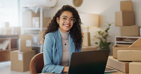 Image showing Happy woman, portrait and fashion designer with laptop in small business management or logistics at boutique. Female person or entrepreneur smile with computer for inventory, ecommerce retail store