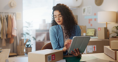 Image showing Business woman, tablet and box in logistics for inventory inspection, stock take or storage check at boutique. Female person or fashion designer with technology, parcel or package for courier service