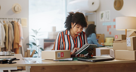 Image showing Woman, tablet and fashion in small business management, logistics or research at boutique. Female person or employee with boxes and technology for online search, supply chain or order at retail store