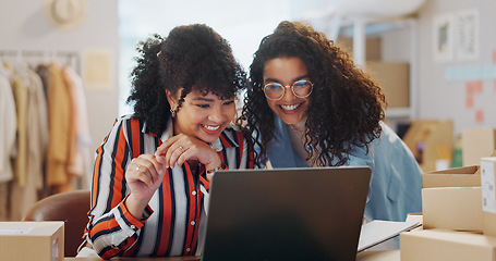 Image showing Happy woman, fashion industry and smile with laptop for sales in office for retail business. Female entrepreneur, designer and excited for startup success with logistics by internet, web or app