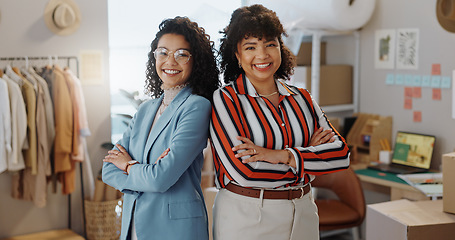 Image showing Woman, portrait and professional fashion designers with arms crossed in small business management at boutique. Female person or team smile in confidence for leadership in supply chain at retail store