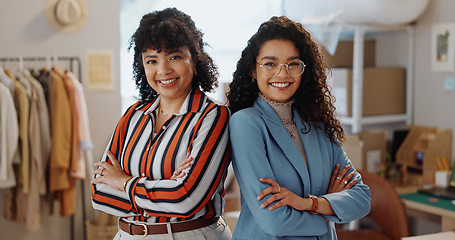 Image showing Woman, portrait and small business team of professionals with arms crossed in fashion or management at boutique. Female people smile in confidence for leadership in supply chain at retail store