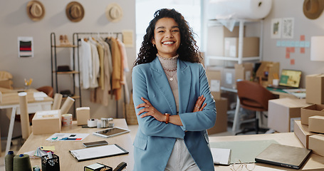 Image showing Businesswoman, confident and smile in office for logistics, warehouse or distribution startup in fashion. Portrait, female designer or happy with customer purchase for shipping, e commerce or retail