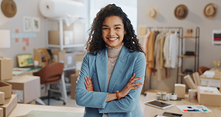 Image showing Happy woman, portrait and small business professional in fashion with arms crossed for management at boutique. Female person smile in confidence or logistics for supply chain at retail store or shop