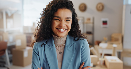 Image showing Happy woman, portrait and ecommerce of small business professional, fashion or management at boutique. Face of creative female person smile in confidence for logistics, supply chain or retail startup