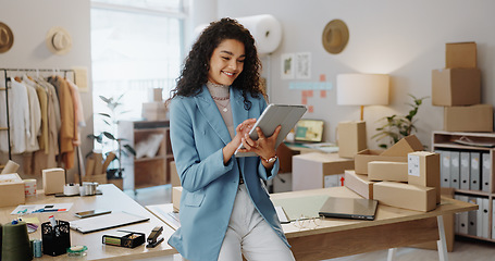 Image showing Happy woman, fashion designer and tablet in logistics or small business management at boutique. Female person or entrepreneur smile with technology in supply chain, stock or shipping at retail store