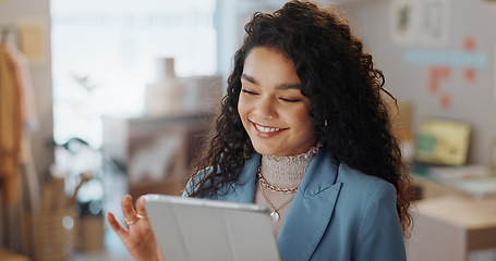 Image showing Happy, boxes and woman with a tablet, business and smile with connection, internet or delivery with online order. Digital app, person or employee with ecommerce, shipping or company website with sale