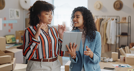 Image showing Distribution, fashion designer and team of women on tablet for delivery, logistics or small business. Ecommerce, online shopping and person on digital tech for website, discussion or shipping startup