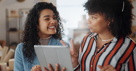 Image showing Fashion, designer and women in discussion on tablet for delivery, logistics distribution or small business. Ecommerce, online shopping and people on digital tech for website, team startup or shipping