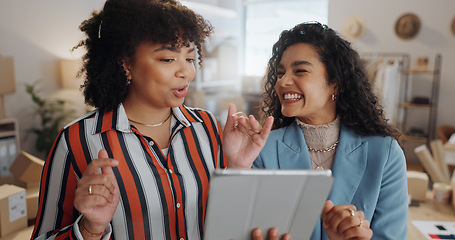 Image showing Shipping, fashion designer and team of women on tablet for delivery, logistics or small business. Ecommerce, online shopping and people on digital tech for website, discussion or distribution startup