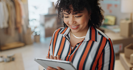 Image showing Distribution, supply chain and woman on tablet for logistics, ecommerce and small business. Fashion designer, online shopping and person on digital tech for website, internet and shipping startup