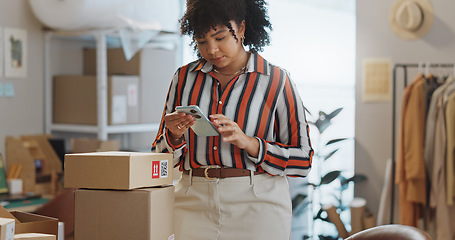 Image showing Business woman, phone and boxes in logistics for communication, online order or delivery at boutique. Female person or employee on mobile smartphone for shipping, networking or small business store