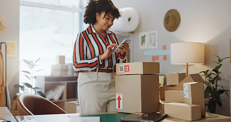 Image showing Happy woman, phone and boxes in small business, logistics or communication in customer service or online order. Female person or employee on mobile smartphone in retail shipping or networking at shop