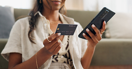 Image showing Woman, hands and phone with credit card for online shopping, payment or transaction in living room at home. Closeup of female person or shopper on mobile smartphone with debit for ecommerce at house