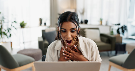 Image showing Excited woman, laptop and surprise for good news, winning or bonus promotion at home office. Shocked female person or freelancer smile in wow or omg for lottery, prize or sale discount on promo deal