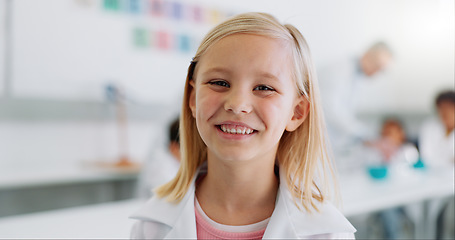 Image showing Science, school and portrait of girl in classroom for chemistry lesson, knowledge and learning with smile. Laboratory, student and face of happy child for education, academy and studying on campus