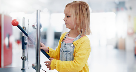 Image showing Young student, classroom or play with science equipment for education, experiment or knowledge with hands. Girl, academy or problem solving with curious study, active learning or innovation school