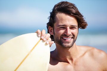 Image showing Beach portrait, surfer and fitness man on sports holiday, vacation trip and smile for nature wellness, natural freedom or surf. Surfboard, happy athlete and face of surfer on tropical island paradise