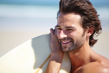 Image showing Beach face, sports man and surfer happiness for holiday adventure, travel vacation or nature freedom, wellness or surfing. Surfboard, break and summer athlete, surfer or person look at ocean sea view