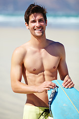 Image showing Beach portrait, surfboard and happy man on sports holiday adventure, travel vacation and smile for hobby, activity or surfing. Exercise, workout or summer surfer ready for sea trip, practice or swim