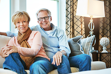 Image showing Relax, sofa and portrait of mature couple hug for bonding, healthy relationship and marriage. Retirement, home and senior man and woman on couch for love, commitment and happiness in living room