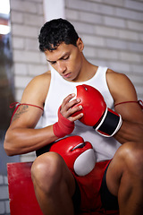 Image showing Gloves, getting ready and a man at a gym for boxing, martial arts training or cardio. Fitness, health and a boxer, fighter or athlete with equipment to start sports, exercise or a workout at a club