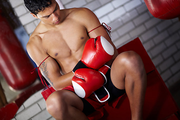 Image showing Fitness, gym and a man with gloves for boxing, cardio and getting ready for a match. Strong, exercise and a boxer, fighter or athlete with equipment to start a martial arts competition at a club