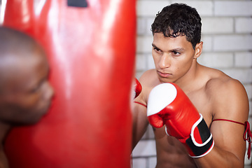 Image showing Personal trainer, fitness and a man with a punching bag for boxing, exercise and cardio at a gym. Workout, wellness and a boxer or athlete with a person for training or getting ready for a match